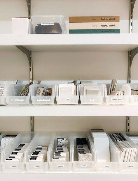 Bin Organization, Architecture Library, Organization Bins, Design Studio Workspace, Design Studio Office, Library Organization, Office Materials, Showroom Interior Design, Material Library