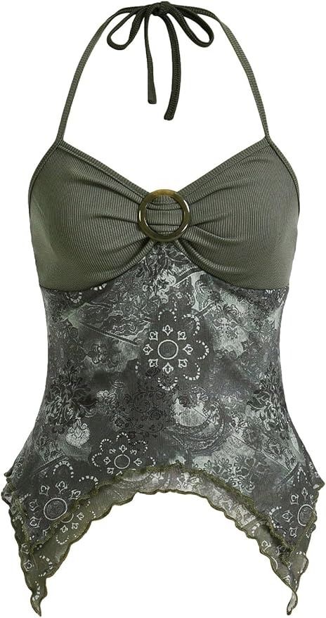 OYOANGLE Women's Floral Print Contrast Lace Tie Backless Halter Cami Top Asymmetrical Hem Tank Tops Army Green Medium at Amazon Women’s Clothing store Halter Cami Top, 2000s Tops, Floral Halter Top, Lace Halter Top, Womens Halter Tops, Lace Tie, Green Tank Top, Cute Tank Tops, Halter Tops