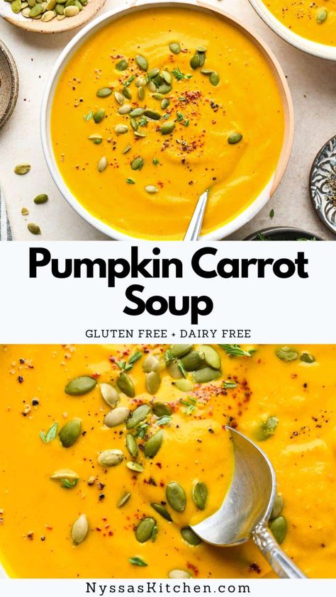 Paleo Carrot Soup, Pumpkin Carrot Soup, Dairy Free Thanksgiving, Gluten Free Dairy Free Dinner, Dairy Free Pumpkin, Dairy Free Soup, Pumpkin Soup Recipe, Eating Healthier, Vegan Soup Recipes