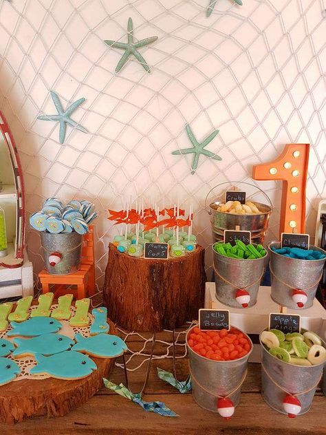 Bait Bar Fishing Party, Bait Bar, Birthday Table Ideas, First Birthday Theme Boy, Fishing Party Decorations, Birthday Fishing, Fishing Themed Birthday Party, Bait Shop, Nautical Birthday Party