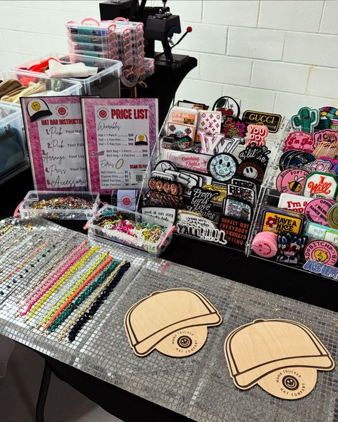 Tonight’s hat bar set up at the Denison Night Market … loved having my mama by my side to see the whole Mama Trucker experience 💖💖 @avaspooner #mamatrucker #truckerhats #truckerstyle #hatbar #patches #patchescustom #style #smalltown #smalltownusa #smallbusinessowner #hats #caps #hatchain #accessories #shopsmall #smallbusiness #shoplocal #homegrown #womanowned #hatbar #truckerhatbar #truckerhatinspo Trucker Hat Bar Set Up, Mobile Hat Bar, Trucker Hat Party, Hat Bar Set Up, Trucker Hat Bar Ideas, Hat Bar Display Ideas, How To Start A Hat Bar, Trucker Hat Bar Display Ideas, Trucker Hat Bar