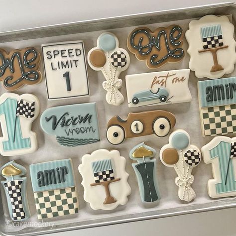 Cake Mockery on Instagram: "Amir is a fast one! Loving the retro vibe of this classic/vintage race car set! Took inspiration from the invitation and a picture of the cake that was ordered! I love being a part of your sweet celebrations! #vintageracecarcookies #racecarcookies #birthdaycookies #fastonecookies #vroomvroom #birthdayboycookies #decoratedcookies #cookiedecorating #edibleart #cookiesofinstagram #instacookies #cookieart #cookieartist" Vintage Race Car Birthday, Happy Sweet 16, Vintage Car Birthday, Race Car Cakes, Baby First Birthday Themes, Car Cookies, 2nd Birthday Party For Boys, Cars Birthday Cake, First Birthday Cupcakes