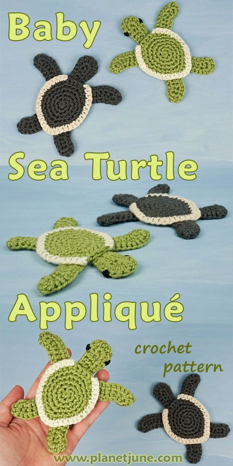 Crochet a realistic flat baby sea turtle embellishment with this applique pattern. You can stitch it to anything - e.g. it's perfect for a beach or ocean-themed blanket. Turtle Applique, Crochet Turtle Pattern, Crochet Applique Patterns Free, Creative Bubble, Crochet Embellishments, Baby Sea Turtle, Beach Crochet, Crochet Fish, Crochet Turtle