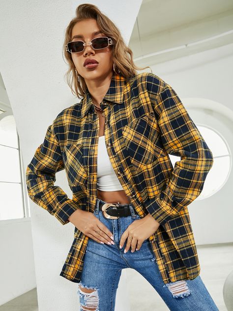 Plaid Button Up Shirt Outfit, Yellow Preppy, Patch Blouse, Yellow Plaid Shirt, Black Plaid Shirt, High Low Blouse, Oversized Blouse, Yellow Plaid, Women Blouses