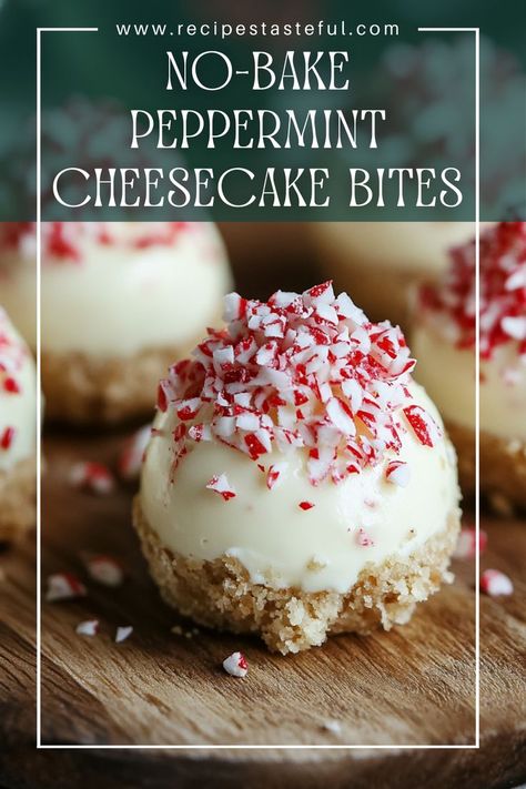 These No-Bake Peppermint Cheesecake Bites are a delightful holiday treat featuring a creamy peppermint filling atop a buttery graham cracker crust. Perfectly bite-sized and irresistibly festive, they are sure to be a crowd-pleaser at any gathering! Pepermint Cheesecake, Holiday Cheesecake Bites, Bite Size Holiday Desserts, Bite Size Christmas Desserts, Christmas Cheesecake Bites, Peppermint Desserts Christmas, Peppermint Recipes Desserts, Quick Christmas Dessert, Holiday Cheesecake