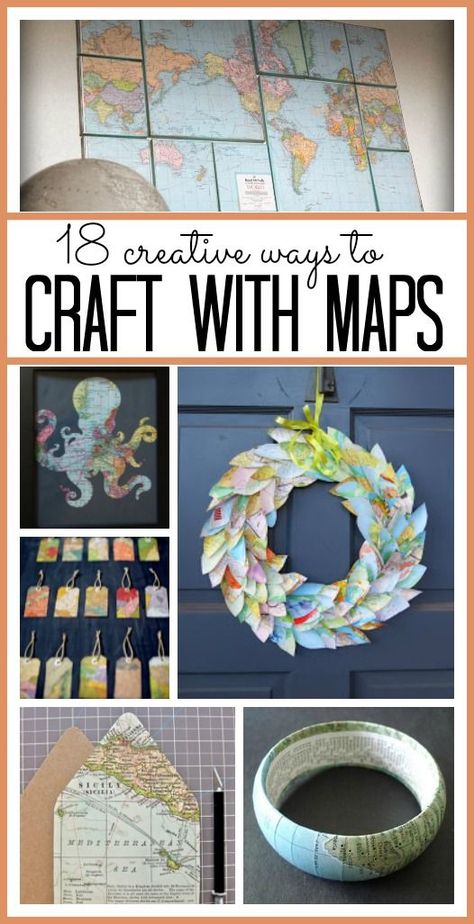 I have always loved looking at map crafts! I love the colors and lines of maps. They seem to illustrate some cool adventure out there! I used to love looking at the maps that came with the National Geographic in the doctors office when I was a kid. So even though it has been a...Read More » Crafts With Maps, Map Crafts, Map Projects, Travel Crafts, Bee Crafts, Map Decor, Unique Crafts, Recycled Crafts, Crafty Craft