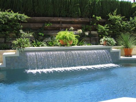 Water Features Pool, Water Features For Pools, Water Feature In Pool, Pools With Water Features, Pool With Waterfall Wall, Modern Pool Waterfall, Pool Water Wall, Pool Waterfall Wall, Pool Water Feature Wall