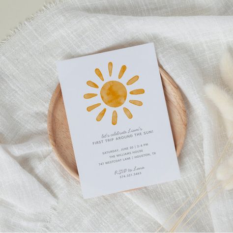 First Trip Around the Sun First Birthday | Invitation - Birthday Invitation Around The Sun First Birthday, Sun First Birthday, Sunshine Theme, Sunshine First Birthday, 92nd Birthday, Sun Birthday, First Trip Around The Sun, Boy Birthday Party Themes, Sunshine Birthday