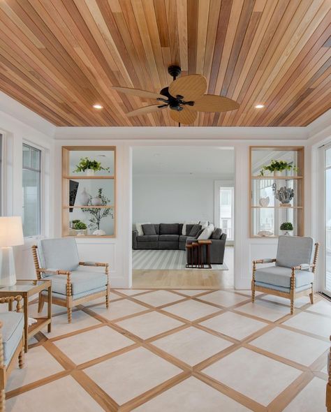 Wood On Vaulted Ceiling, Wood Ceilings Kitchen, Wood Panel Ceiling Living Room, Plank Ceiling Ideas, Wood Interior Walls, Exposed Wood Ceilings, Jamaica House, Wood Plank Ceiling, Plank Ceiling