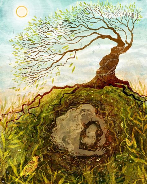 Artist: Elin Manon: “Diogel yn y ddaear Safe in the earth” Mother Earth Illustration, Folk Illustration, Earth Illustration, Bird Illustration, Nature Illustration, Mother Earth, The Earth, Fig, On Instagram