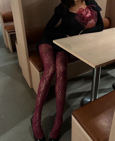 Dark Lace Outfit, Tights With Dress Outfit, Black Floral Tights Outfit, Dark Lovecore Aesthetic Outfit, Dark Red Shoes Outfit, Lace Tights Outfits, Dark Red Tights Outfit, Red Lace Tights, Red Lace Tights Outfit