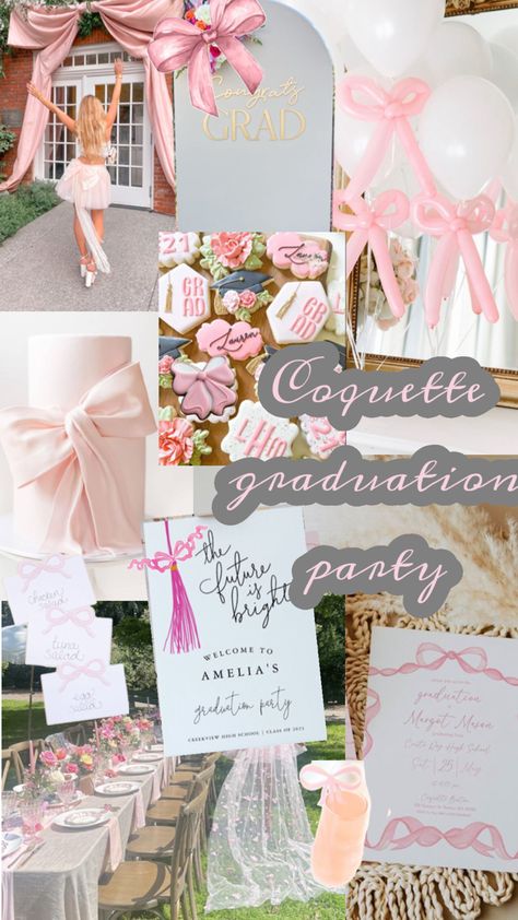 Teacher Grad Party, Masters Grad Party, Coquette Graduation, Pink Grad Party, Pink Floral Party, Coquette Theme, Grad Party Inspo, Graduation Brunch, Graduation Birthday Party