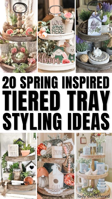 20 Spring INspired Tiered Tray Styling Ideas Spring Theme Decor, Themed Tiered Tray Decor, How To Decorate 3 Tiered Tray, How To Make Tiered Trays, Two Tier Stand Decor Ideas, Tiered Tray Easter Decor, Easter Trays Ideas, Farmhouse Tier Tray Decor, Decorate Tiered Tray