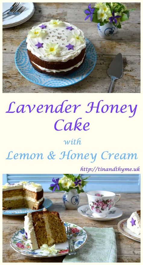 Lavender Honey Cake with Lemon & Honey Cream Cheese Icing. A wonderful spring or summer time layer cake and perfect for Mother's Day too. Litha Honey Cake Recipe, Beltane Cake, Sandwich Cake Decoration, Lammas Recipes, Honey Lavender Cake, Lavender Honey Cake, Beltane Traditions, Solstice Food, Lavender Treats