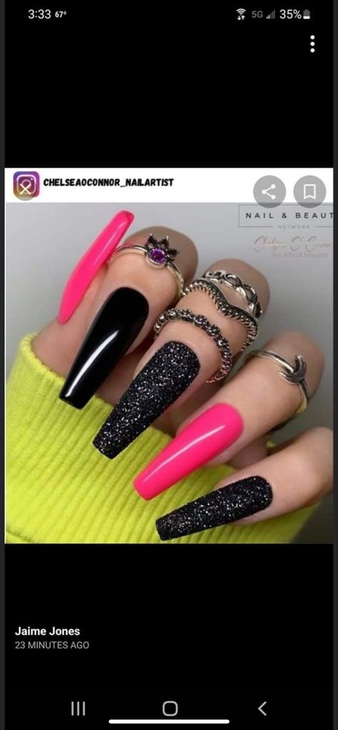 Pink And Black Nails With Rhinestones, Black And Hot Pink Nails Ideas, Hot Pink And Black Ombre Nails, Neon Pink Halloween Nails, Black With Neon Nails, Black Inspired Nails, Black Hot Pink Nails, Black And Pink Valentine Nails, Fluro Nails