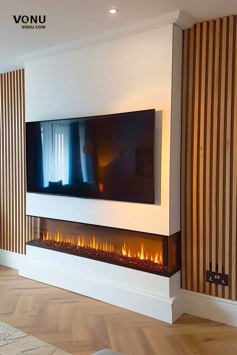 Modern Built In Tv Wall Unit, Living Room Wall With Fireplace And Tv, Media Wall High Ceiling, Modern Media Wall With Fireplace, 3 Sided Fireplace With Tv, Modern Fireplace And Tv Wall Ideas, Media Wall With Panelling Either Side, Accent Wall On Fireplace, Media Wall And Fireplace