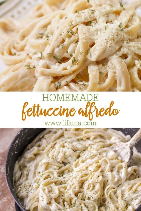 With a handful of ingredients, creamy Fettuccine Alfredo takes just minutes to make. It's an easy, cheesy family favorite! #fettuccinealfredo #alfredo #fettuccine #pasta #easydinners Carbonara Pancetta, Easy Fettuccine Alfredo, Fetuccini Alfredo, Easy Fettuccine, Alfredo Fettuccine, Classic Carbonara, Homemade Fettuccine, Fettuccine Alfredo Recipe, Fettuccine Alfredo Recipes