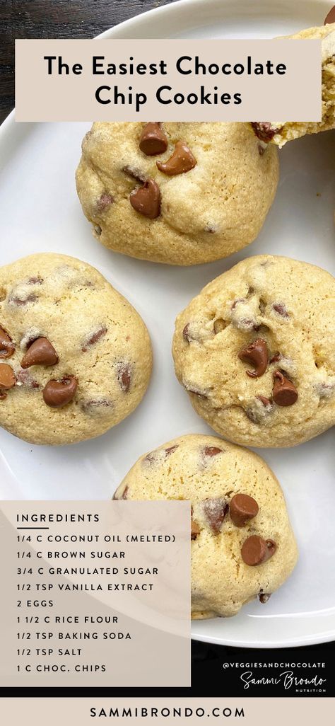 These are the fluffiest, easiest chocolate chip cookies you’ll ever make. They are perfect for a delicious dessert or mid snack during the day while you are at home. All you need is coconut oil (make sure it’s melted or softened), rice flour or all purpose flour, brown sugar, granulated sugar, vanilla extract, eggs, baking soda, salt and chocolate chips. You can also use walnuts, reeses or peanut butter for some different and delicious flavors. Try it for yourself! Desserts With Rice Flour, Rice Flour Chocolate Chip Cookies, Rice Flour Cookies Recipes, Rice Flour Desserts, Sweet Rice Flour Recipes, Cookies With Rice Flour, Easiest Chocolate Chip Cookies, Rice Flour Baking, Rice Flour Cookies