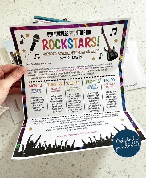 Our Teachers Rock Teacher Appreciation, Rockstar School Theme, Rock Star Teacher Appreciation Week, Rock And Roll Teacher Appreciation Week, Rockstar Teacher Appreciation, Dsp Week, Teacher Appreciation Week Printables, Appreciation Themes, Spirit Weeks