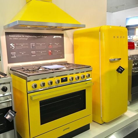 jenkins Interiors on Instagram: “Hello Yellow! @archdigest  #archdigestshow 🍋🤗☀️#smeg #friyayfunday #sunshine #lemonyellow #pier94nyc” Color Appliances, Colorful Kitchen Appliances, Coloured Kitchen, Colored Kitchen, Diy Kitchen Projects, Vintage Stoves, Kitchen Magic, Small Fridges, White Appliances