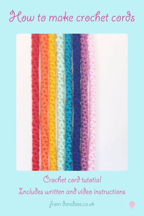 How to crochet cord. Free written pattern and video tutorial. Crochet cord can be used to make decorations for the home, toys, handles and embellishments for other crochet and craft projects. They can also make a rainbow! #crochet #freecrochet #freecroche Crochet Cords, Make Decorations, Make A Rainbow, Crochet Hack, Crochet Cord, Paper Chains, Easy Crochet Projects, I Cord, Rainbow Crochet