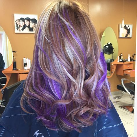 Pravana purple highlights                                                                                                                                                      More Purple Hair Streaks, Purple Blonde Hair, Purple Brown Hair, Purple Hair Highlights, Peekaboo Hair, Purple Highlights, Hair Streaks, Hair Color Purple, Hair Color Highlights