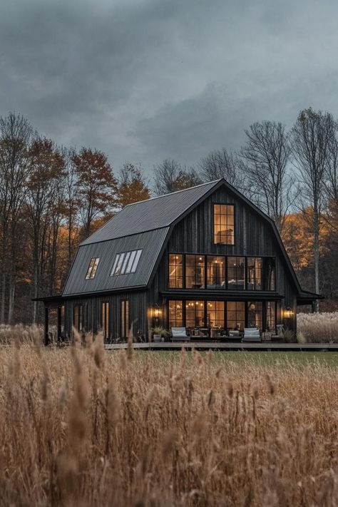 Log Cabin Homes Exterior Modern, Modern Rustic Lake House Exterior, Black Barn House, Modern Lodge Style Home Exterior, Black Modern Mountain Home Exterior, Modern Cabin Big Windows, Converted Barn Homes, Cabin Modern, Sustainable House Design