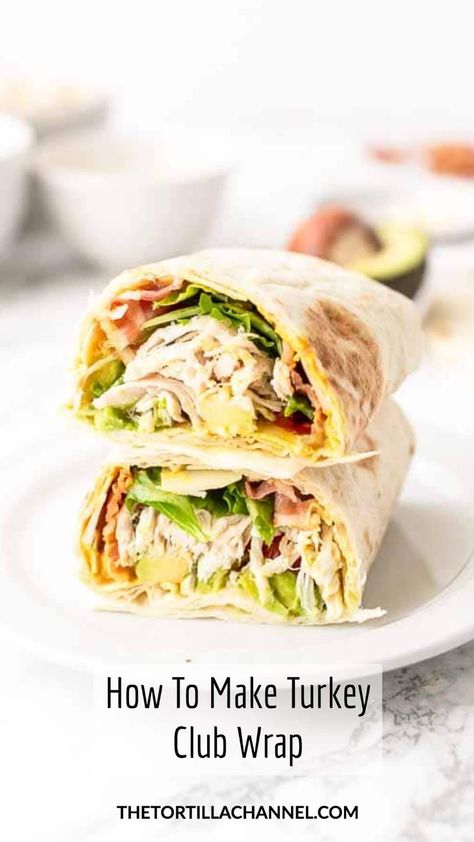 This delicious turkey club wrap recipe is perfect to serve for dinner. You won’t believe how easy, fast and simple it is to make these wraps. Bite in the soft tortilla and taste the juicy shredded turkey smothered in mayonnaise, shredded cheese and bacon. Want to try? Visit thetortillachannel.com for the full recipe Turkey Club Wraps, Turkey Club Wrap, Turkey Wrap Recipes, Toasted Turkey, Club Wrap, Turkey Wrap, College Recipes, Turkey Club, Gluten Free Wraps