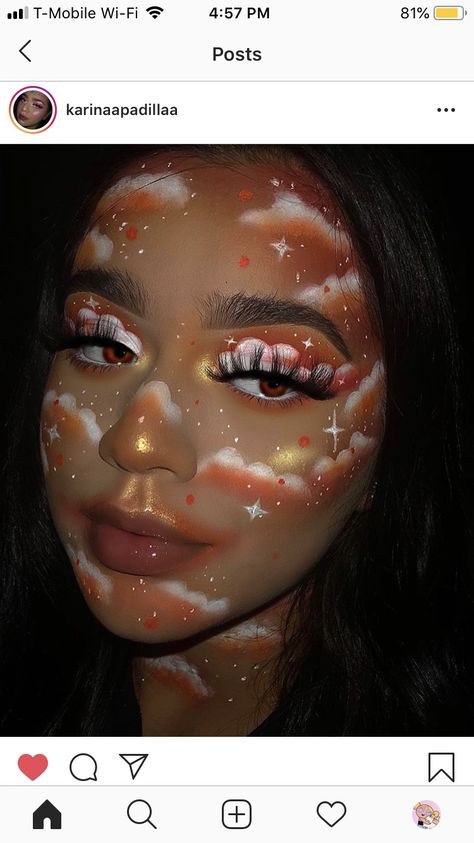 Mehron Makeup Looks, Sky Makeup Look, Cloudy Makeup, Makeup Art Face Inspiration, Hard Makeup Looks, Face Art Makeup Paint Ideas, Creative Eye Makeup Design, Face Paint Makeup Looks, Extravagant Makeup Looks