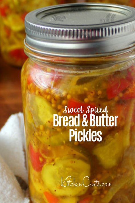 Do you have garden grown cucumbers? These Sweet Spiced Bread and Butter Pickles are a perfect way to preserve all those garden-fresh cucumbers for a treat later on. Pair these pickles with hamburgers or enjoy them on a delicious holiday relish tray for a sweet spiced twist. Spicy Pickle Recipes, Bread N Butter Pickle Recipe, Hot Pickles, Bread And Butter Pickles, Butter Pickles, Pickles Recipe, Spicy Pickles, Refrigerator Pickles, Pickling Spice