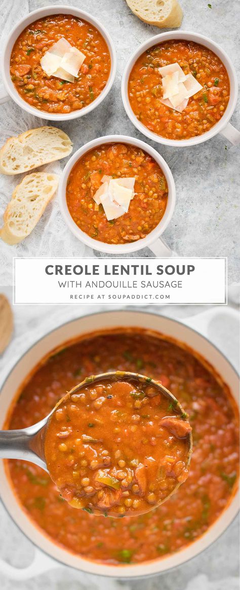 Lentils And Sausage, Andouille Sausage Recipes, Coconut Lentil Soup, Holiday Soups, Easy Soup Recipes Healthy, Sausage Soup Recipes, Red Lentil Soup, Creole Recipes, Homemade Sausage