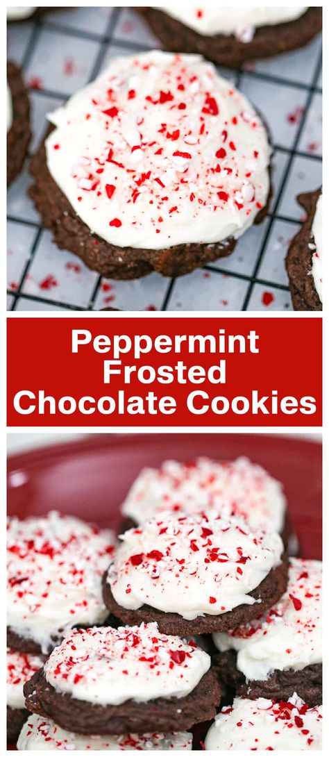 Peppermint Frosted Chocolate Cookies are the ideal cookies for the holiday season!  So yummy! These soft, fudgy double chocolate cookies are loaded with chocolate chips and frosted with a delicious creamy peppermint frosting and lots of peppermint crunch on top! #cookies #chocolatecookies #peppermintcookies #peppermintfrosting #cookieswithpeppermint #chocolatepeppermintcookies Soft Batch Cookies, Peppermint Frosting, Chocolate Chip Frosting, Peppermint Crunch, Soft Chocolate Cookie, Mint Frosting, Cookie Board, Chocolate Peppermint Cookies, Peppermint Cream