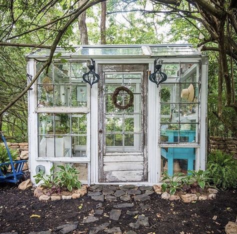 She Shed Greenhouse, Old Window Greenhouse, Homemade Greenhouse, Recycled Windows, Window Greenhouse, Recycled Door, Diy Greenhouse Plans, Outdoor Greenhouse, Greenhouse Shed