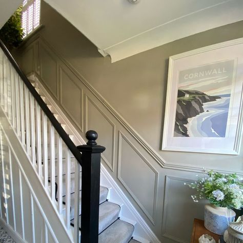 @1930s_doer_upper Stair Panelling Equipment 1930s Hallway Panelling, Tall Hallway Panelling, Wood Paneling Stairs, Hallway Ideas Dado Rail, Bannister Painting Ideas, Dado Rail Stairs, Painted Spindles On Stairs, Black Bannister Rail, Bannisters And Railings