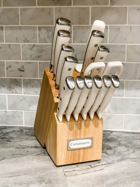 Also on my Amazon Haul is this Cuisinart knife set. The set includes an array of utility knives, 6 steak knives a sharpener, scissors and the block to store them in. All for under a $100 A super buy. For more home, beauty and fashion head to my October Amazon Haul at houseofleoblog.com #cuisinart#knifeset#amazon#steakknives#kitchenutensils#houseofleoblog#womensfashion Knife Set Kitchen Counter, Cool Knife Set, Cuisinart Knife, Knives Set Kitchen, Best Kitchen Utensil Set, Cuisinart Knife Set, Best Knife Block Set, Diy Kitchen Cupboards, Kitchen Knives Set