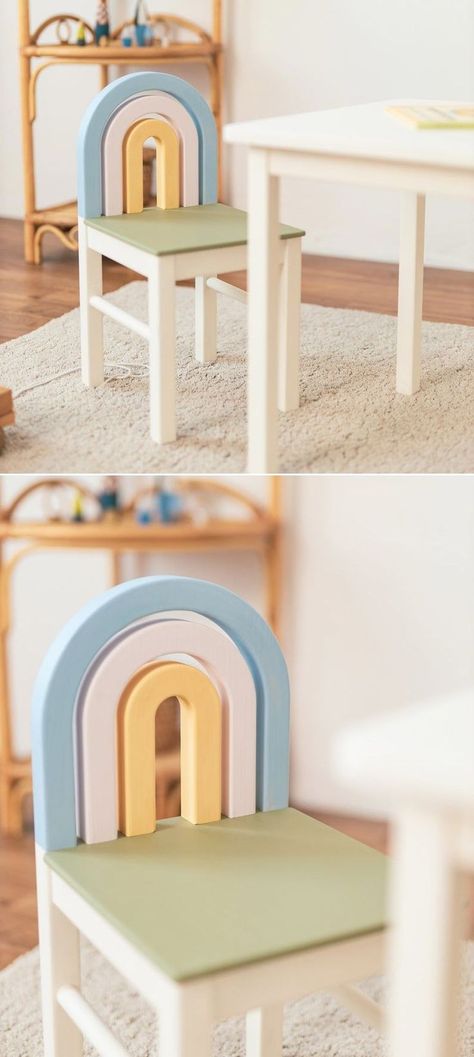 This pastel-colored rainbow children’s chair can fit into any space due to its simple and timeless design. Its design supports a child’s playfulness, curiosity and creativity. Colourful Kids Furniture, Rainbow Chair, Kids Chair Design, Pastel Chair, Kids Stool Design, Childrens Chair And Table, Wall Clock Craft, Childrens Furniture Design, Kid Chair