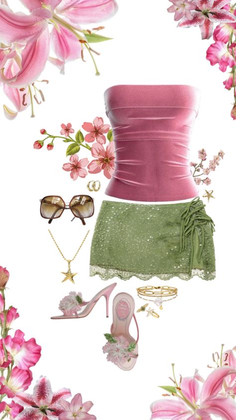 Pink And Green Outfit, Green Skirt Outfit, Green Skirt Outfits, Pink Skirt Outfits, Flower Heels, Heels Gold, Miniskirt Outfits, Green Outfit, Summer Fits