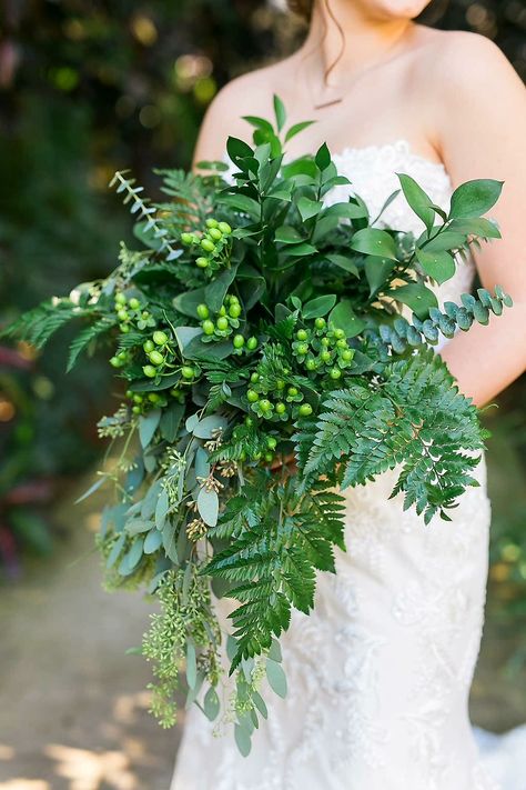 Gorgeous "All Green" Cascading Wedding Bouquet Showcasing: Leather Leaf Fern, Seeded Eucalyptus, Baby Blue Eucalyptus, Additional Greenery and Foliage + Hypericum Berries Fern Bouquet, Leaf Bouquet, Bouquet Pastel, Foliage Bouquet, Modern Wedding Bouquets, Fern Wedding, Greenery Wedding Bouquet, Green Wedding Bouquet, Holding A Bouquet