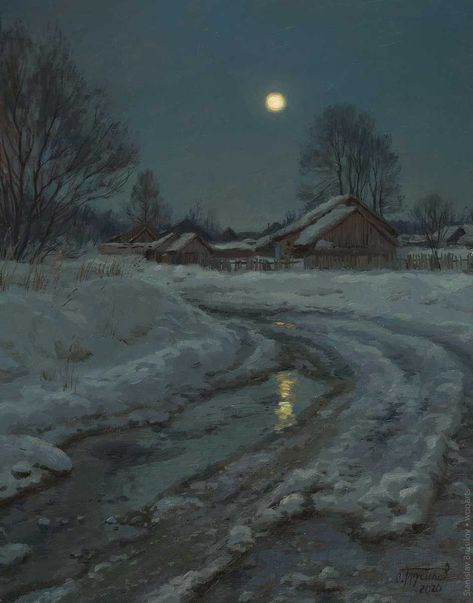 Stanislav Brusilov Painting Nocturnal Paintings, Russia Landscape, Moonlight Painting, New Year Art, Painting Competition, Russian Painting, Painting Snow, Night Landscape, Winter Painting