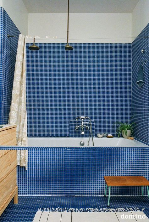 Tiled Bathroom, Blue Bathroom Tile, Interior Desig, Wooden Vanity, Bad Inspiration, Aesthetic Bathroom, Blue Bathroom, Blue Tiles, Dream Apartment