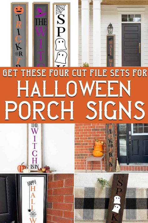 These Halloween porch sign cut file sets for Cricut or Silhouette are so cute! I love the little ghost sign and that fun witch sign? Cute. Grab each of the vertical porch signs for halloween here to make one for your porch today! Halloween Porch Signs Diy, Vertical Porch Signs, Spooky Halloween Porch, Signs For Halloween, Diy Halloween Porch, Front Porch Halloween, Halloween Signs Diy, Halloween Svgs, Halloween Porch Sign