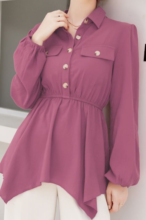 [AffiliateLink] Pink Casual Long Sleeve Cotton Plain Peplum Non-Stretch Spring/Fall Women Tops, Blouses And Tee #womensjeanstopdesign Stylish Long Tops For Women, Trendy Fashion Tops Long, Fancy Top Design, Jeans Top Design, Latest Tops For Women, Chiffon Blouses Designs, Cotton Tops Designs, Korean Top, Sewing Collars