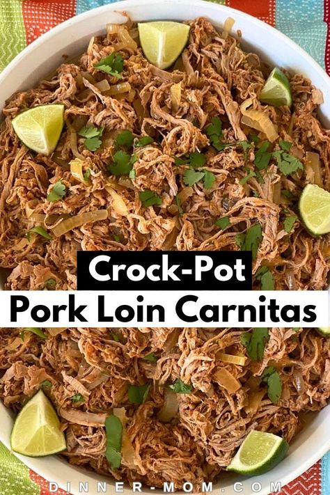 Crock-pot pork loin carnitas are the best easy lunch or dinner that's made entirely in the slow cooker. These carnitas pair well with any Mexican side to make a flavorful meal that kids and adults will love. This flavorful meat is made with only three ingredients, including a flavorful peach salsa. You can make this meat at the beginning of the week and use it for your tacos, burritos, nachos, loaded fries, and soups. Try this recipe today! Pork Tenderloin Carnitas Slow Cooker, Boneless Pork Loin Recipes Crockpot, Mexican Pork Loin, Pork Loin Carnitas, Pork Tenderloin Carnitas, Boneless Pork Loin Recipes, Pork Loin Crock Pot Recipes, Nachos Loaded, Crockpot Pork Loin