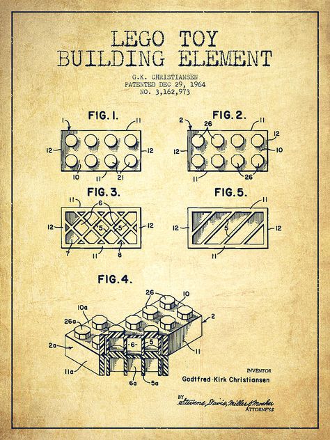 Lego Toy Building Element Patent - Vintage by Aged Pixel - Lego ... Lego Patent, Lego Poster, Star Wars Lego, Lego Mindstorms, Film Vintage, Lego Toy, Lego Super Heroes, Toy Maker, Patent Drawing