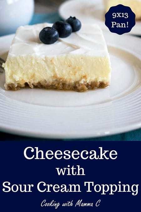 You have to try Mom's Cheesecake with Sour Cream Topping! It's baked in a 9x13 pan and has a super creamy texture, a refreshing tang and the best, buttery graham cracker crust! #cheesecakewithsourcreamtopping #cheesecake9x13pan Mezzo Platter, Cheesecake With Sour Cream Topping, Cheesecake With Sour Cream, Sour Cream Topping, Healthy Sour Cream, Creamy Cheesecake Recipe, Sour Cream Cheesecake, Cheese Cake Filling, Cake Filling Recipes