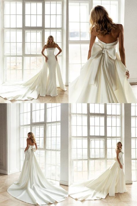 A royal wedding gown with a fabulous train. A sheath dress is made of glossy fabric. The silhouette accentuates the figure of the bride. A strapless bodice is decorated with a falbala that highlights a decollete. Extra-low bodice bares a bride’s back. A fantastic additional skirt is embellished with a big bow and passes into a long train and. Strapless Satin Wedding Dress A Line, Satin Dress With Train, Elegant Big Wedding Dress, White Wedding Dress With Bow, Veil Strapless Dress, Wedding Dress With Closed Back, Long Train Wedding Dresses, Strapless Wedding Dress Long Train, Chic Mermaid Wedding Dress