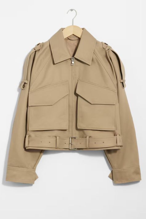 Belted Patch-Pocket Jacket - Long sleeve - Cropped - Beige - Ladies | H&M GB Shoulder Epaulettes, Breaking In, Pocket Jacket, Buckle Belt, Fashion Story, Swimwear Fashion, Trouser Jeans, Zip Jacket, Swimwear Tops