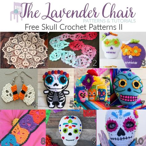 Day Of The Dead Crochet Patterns Free, Sugar Skull Crochet Pattern Free, Crochet Skull Patterns Free, Free Halloween Crochet Patterns, Crochet Gothic, Free Halloween Crochet, Barefoot Sandals Crochet Pattern, Lavender Chair, Skull Crochet