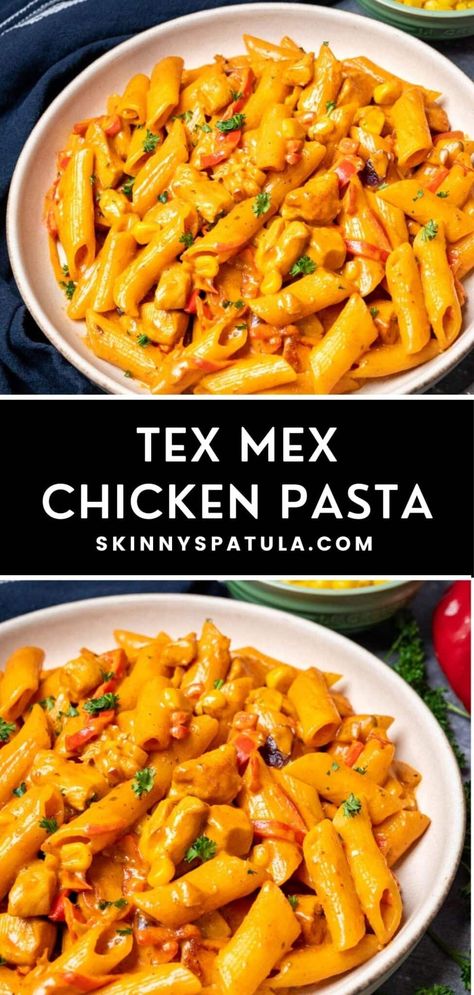 Tex Mex Pizza, Southwestern Chicken Pasta, Chicken Tortilla Pasta, Tex Mex Chicken Pasta, Mexican Chicken Pasta Recipes, Tex Mex Pasta Casserole, Taco Chicken Pasta Recipes, Mexican Alfredo Pasta, Chicken Tex Mex Recipes