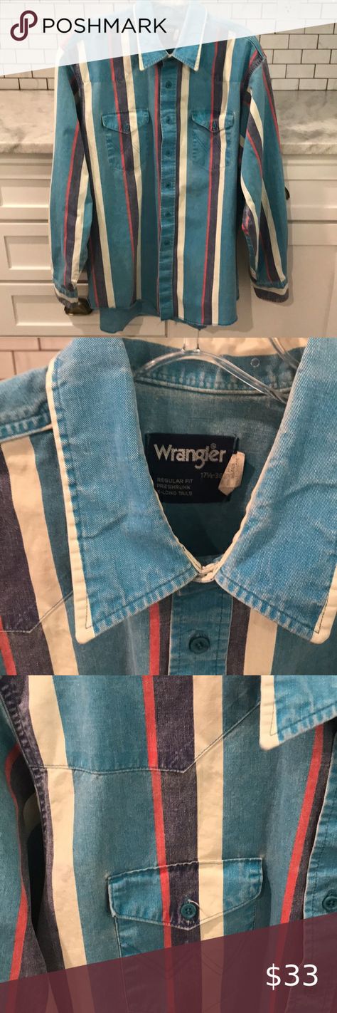 Vintage 90s Wrangler Western Cowboy Striped Button Up Brush Popper XLarge Vintage Wrangler Button Up, Brush Popper Outfit, Wrangler Button Up Outfit, Vintage Western Button Up Shirt Outfits, Brush Popper Shirts, 90s Cowboy Fashion, Granola Western, Summer Cowboy, Thrift Board